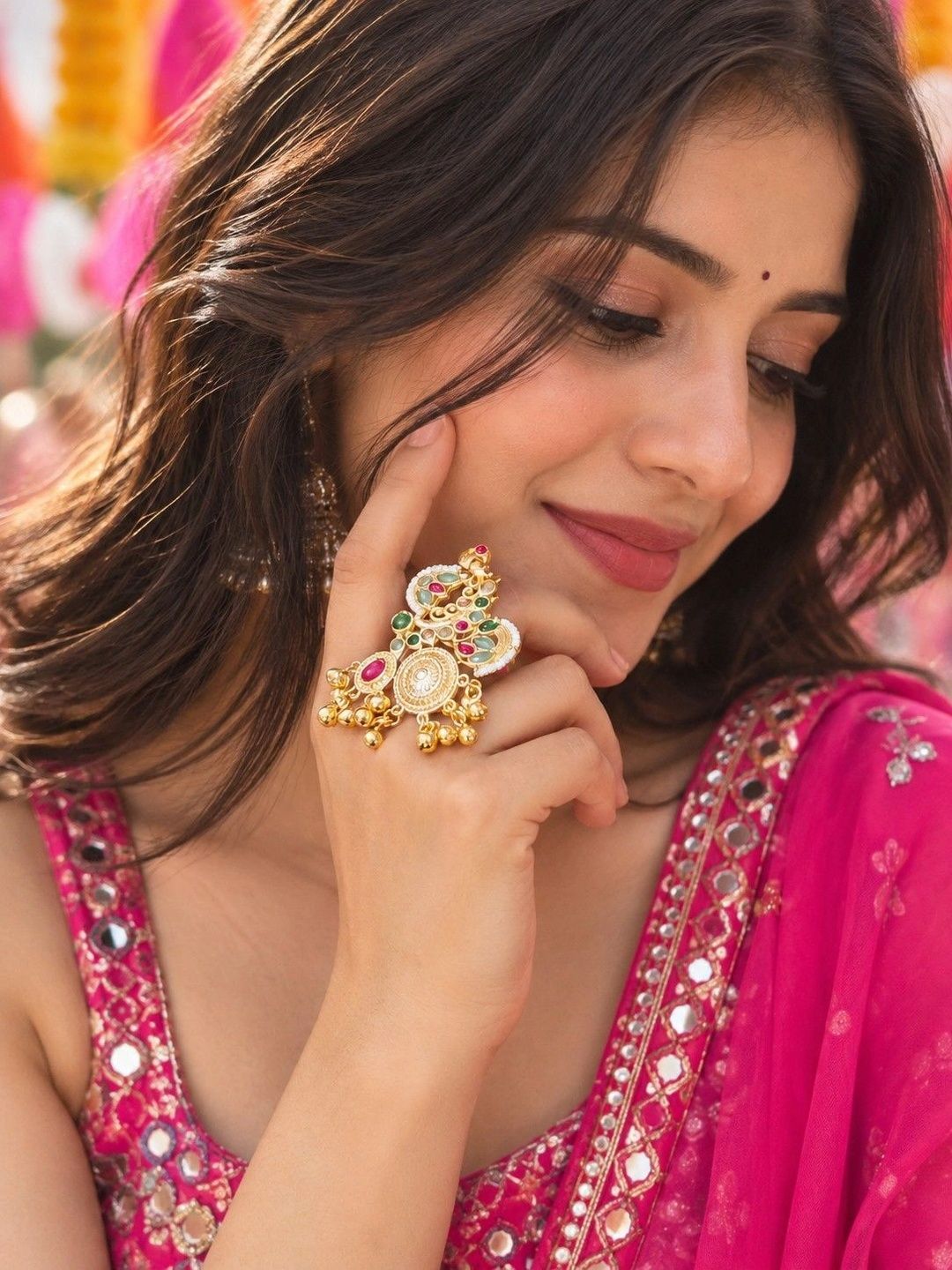 Gold-Plated Temple Stone Studded & Beaded Finger Ring