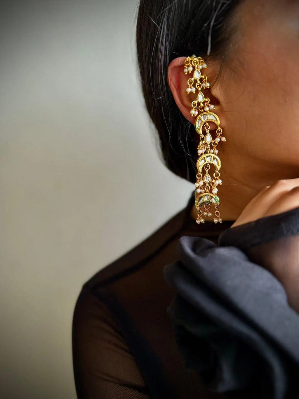 Sanjog Grand Kundan Chandbali Earrings Earchains with Saharay/Motichoor