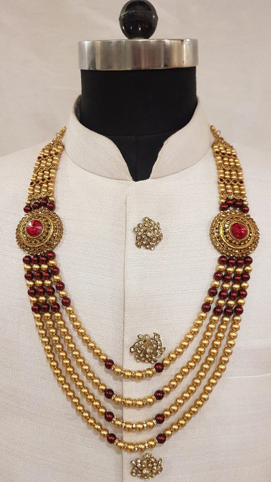 Gold-Plated Beaded Layered Groom Necklace for Men | Traditional Wedding Jewelry