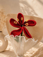 Handmade Crochet Lily Bouquet with Jute & Pearl Ribbon Wrap – Red