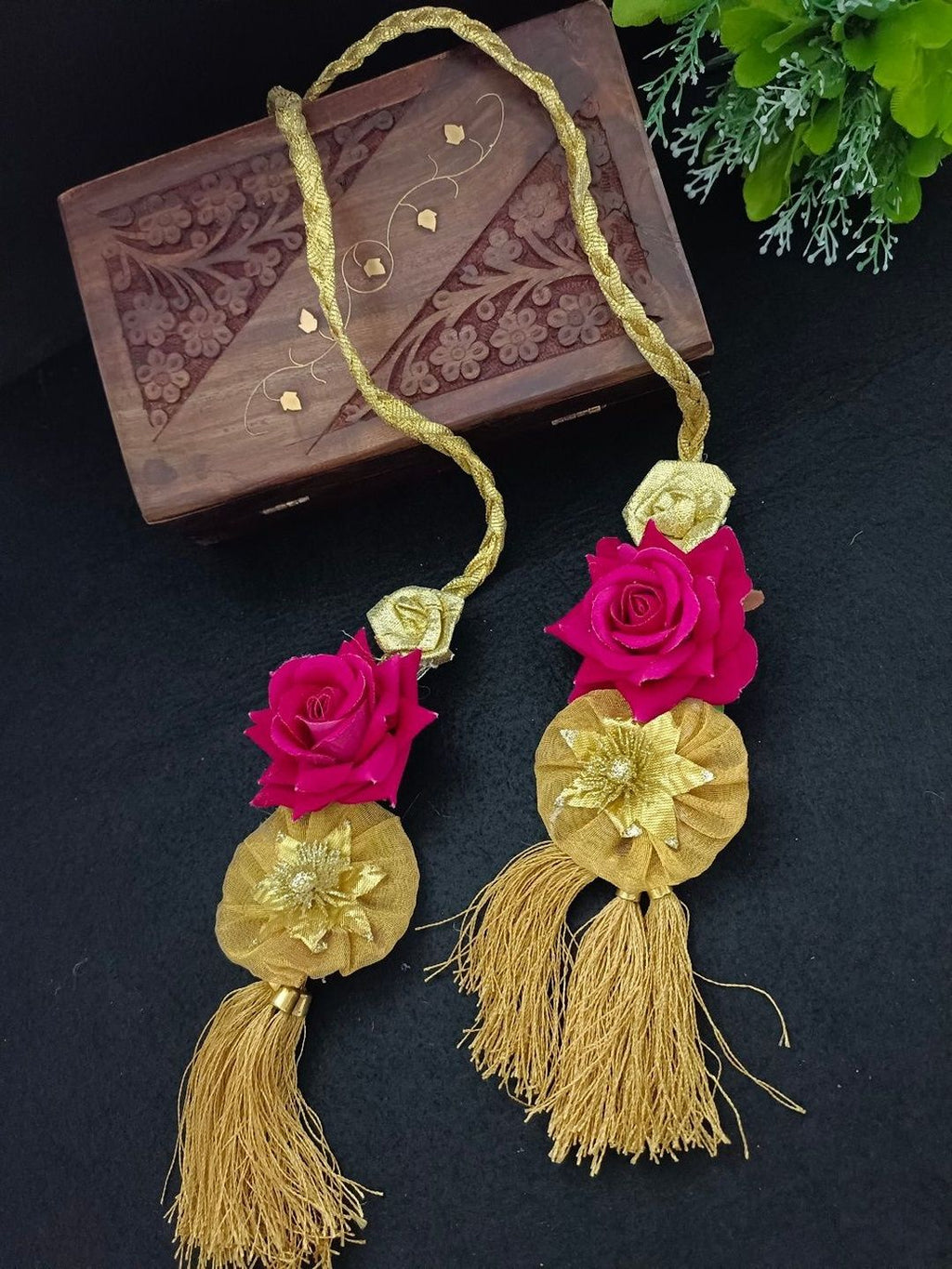 Lace & Gota Flower Choti Paranda Ponytail Braid Holder – Gold & Pink Rose