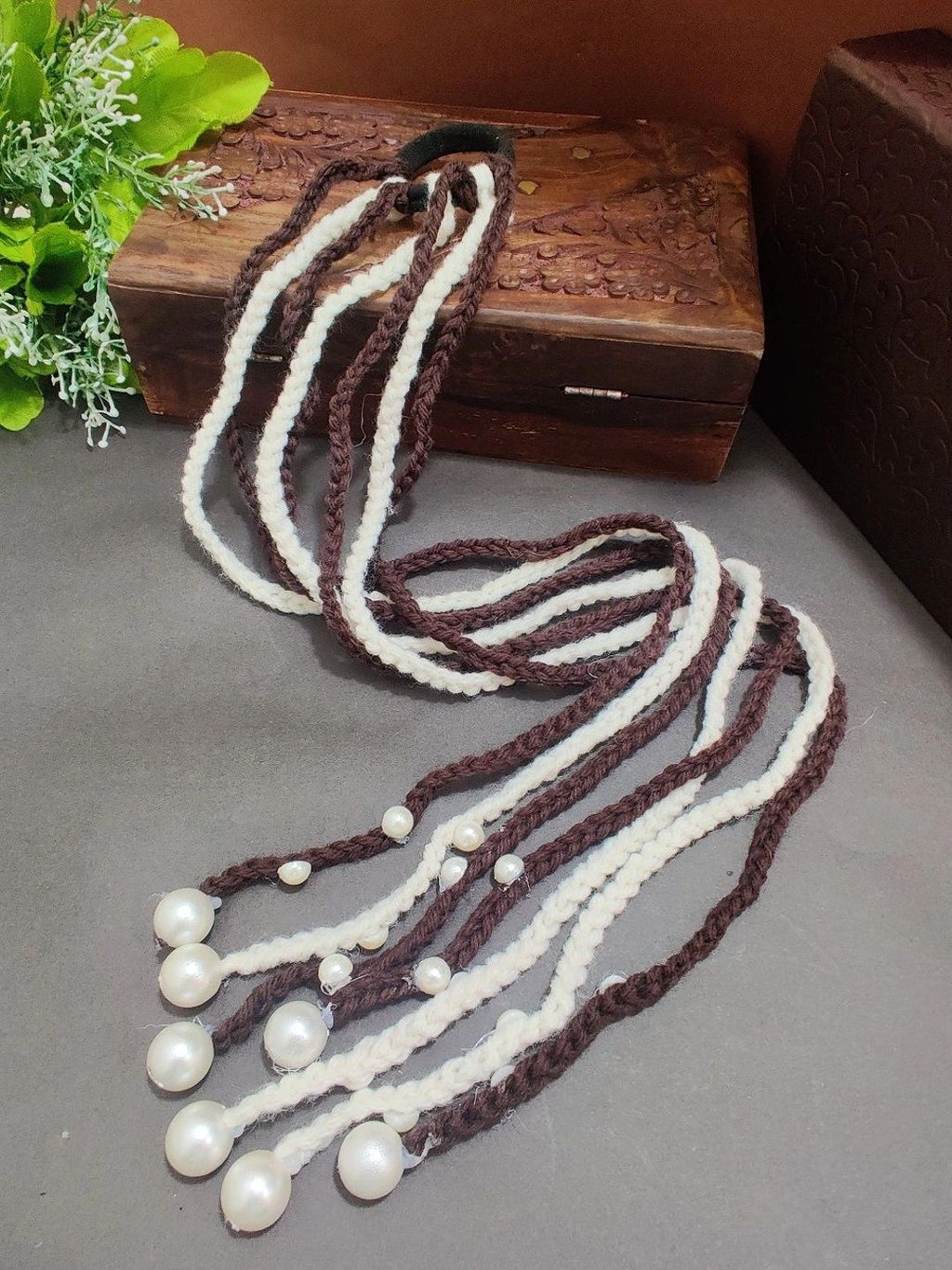 Handmade Crochet Choti Paranda Boho Hair Strings – Brown & White
