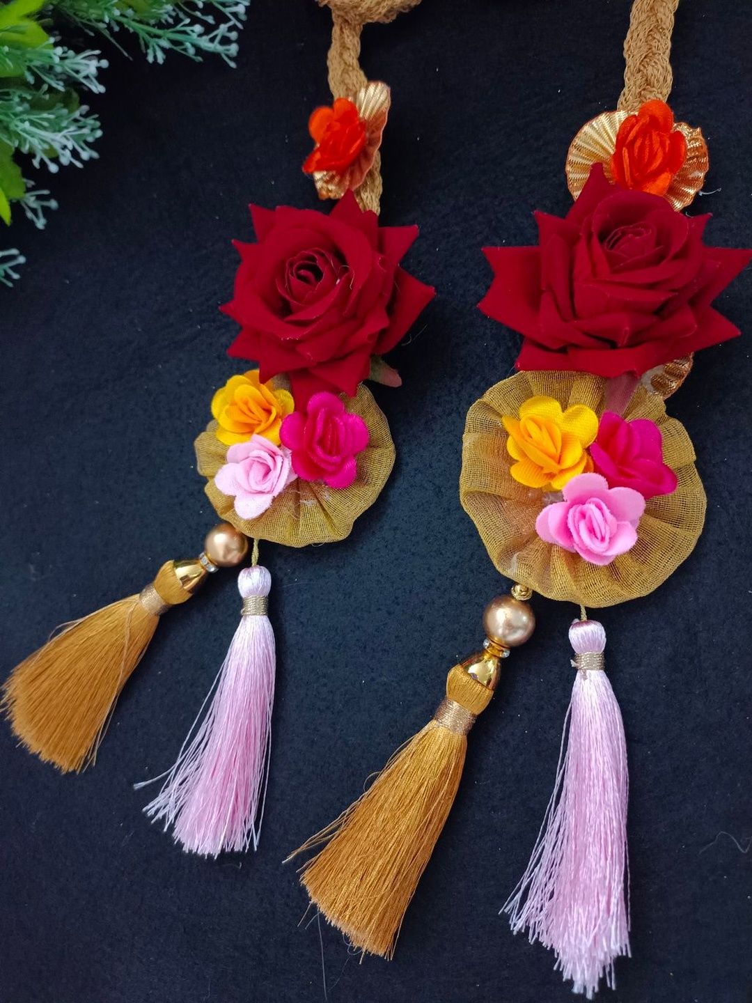 Lace & Gota Flower Choti Paranda Ponytail Braid Holder – Gold & Pink Tassel