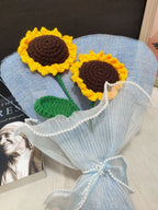 Handmade Crochet Sunflower Bouquet, Set of 2, with Pearl Ribbon Wrap – Yellow