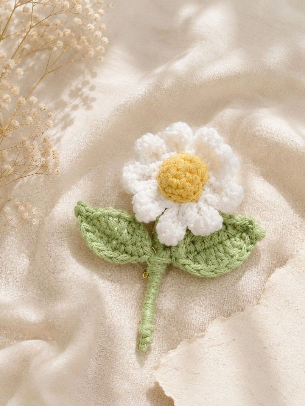 Handmade Crochet Daisy Flower Brooch – White