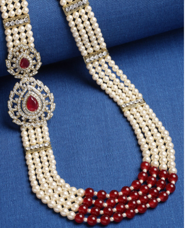 Men Gold-Toned & Ruby Red Brass Necklace Dulha Moti Mala Haar Groom Necklace