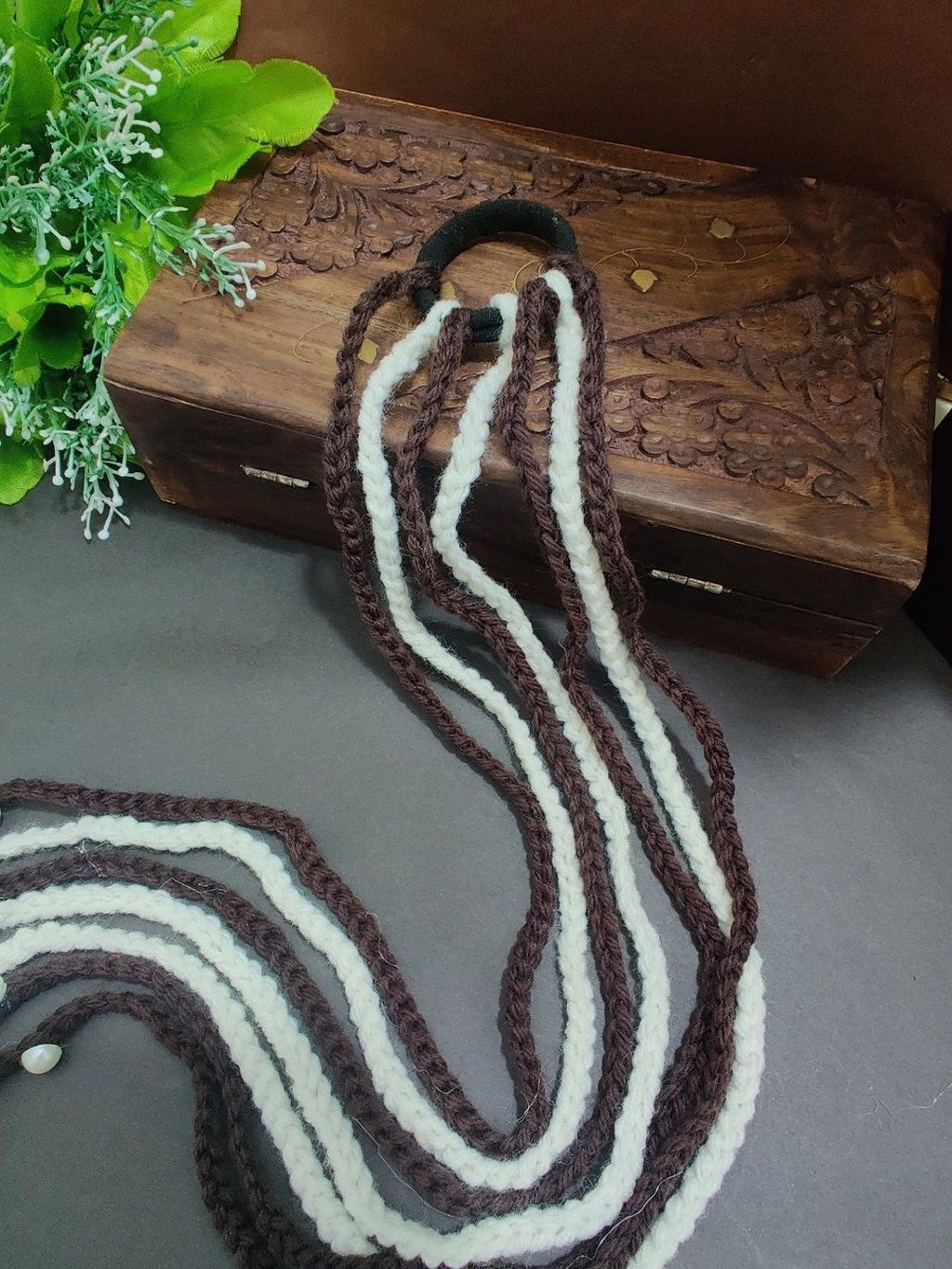 Handmade Crochet Choti Paranda Boho Hair Strings – Brown & White