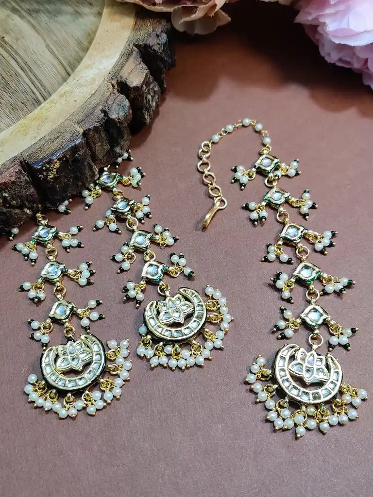 Gold Plated Kundan Studded Chandbali Earrings and Maang Tiika Jewellery Set