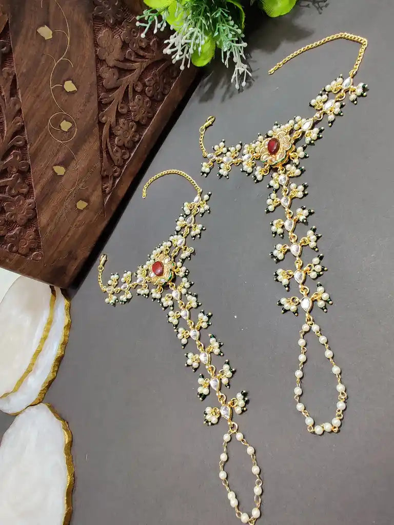 Set Of 2 Gold-Plated Kundan Studded Meenakari Ring Hathphool Pearl Bracelets