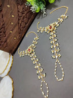 Set Of 2 Gold-Plated Kundan Studded Meenakari Ring Hathphool Pearl Bracelets
