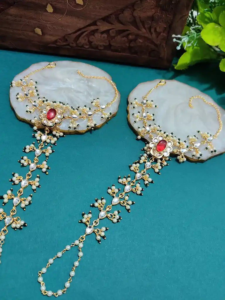 Set Of 2 Gold-Plated Kundan Studded Meenakari Ring Hathphool Pearl Bracelets