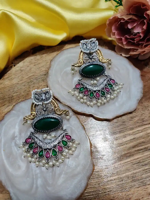 Dual Toned Oxidised Silver Plated Chanbali Lotus Earrings