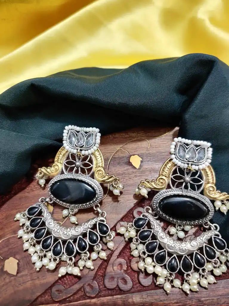 Dual Toned Oxidised Silver Plated Chanbali Lotus Earrings
