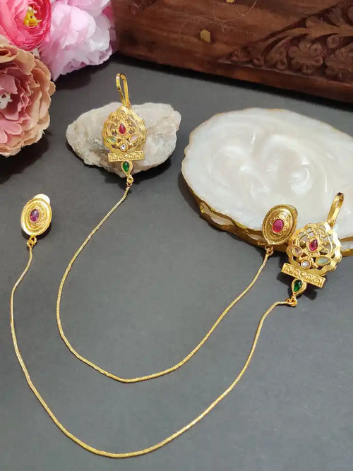 Gold -Plated Earcuff Stud Kundan Earrings with Back Hair Chain Accessorry Earchains