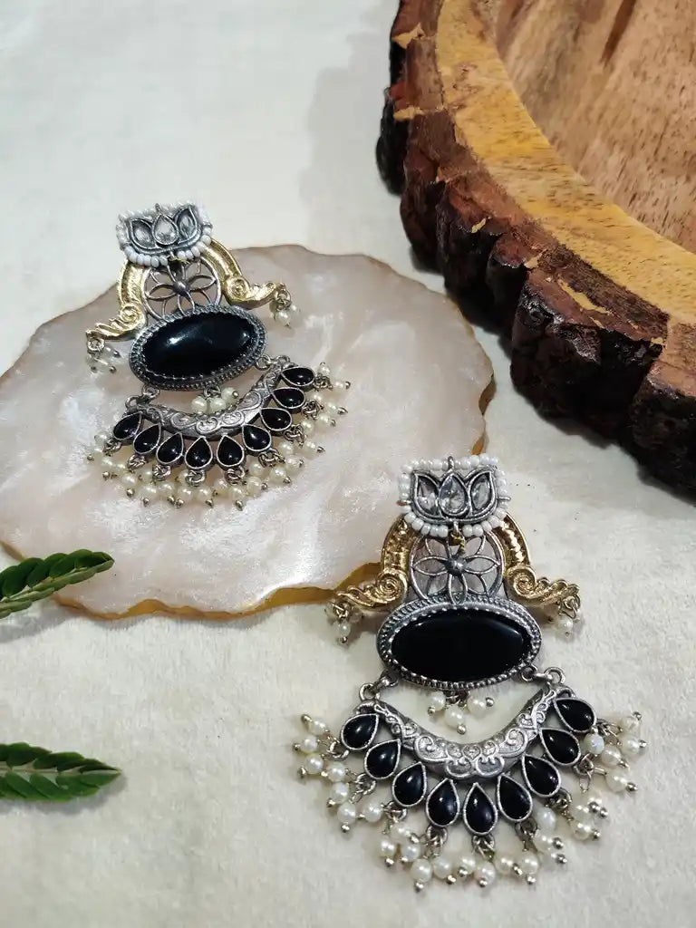Dual Toned Oxidised Silver Plated Chanbali Lotus Earrings