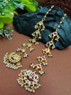 Gold Plated Kundan Studded Chandbali Earrings with Sahara Earchains