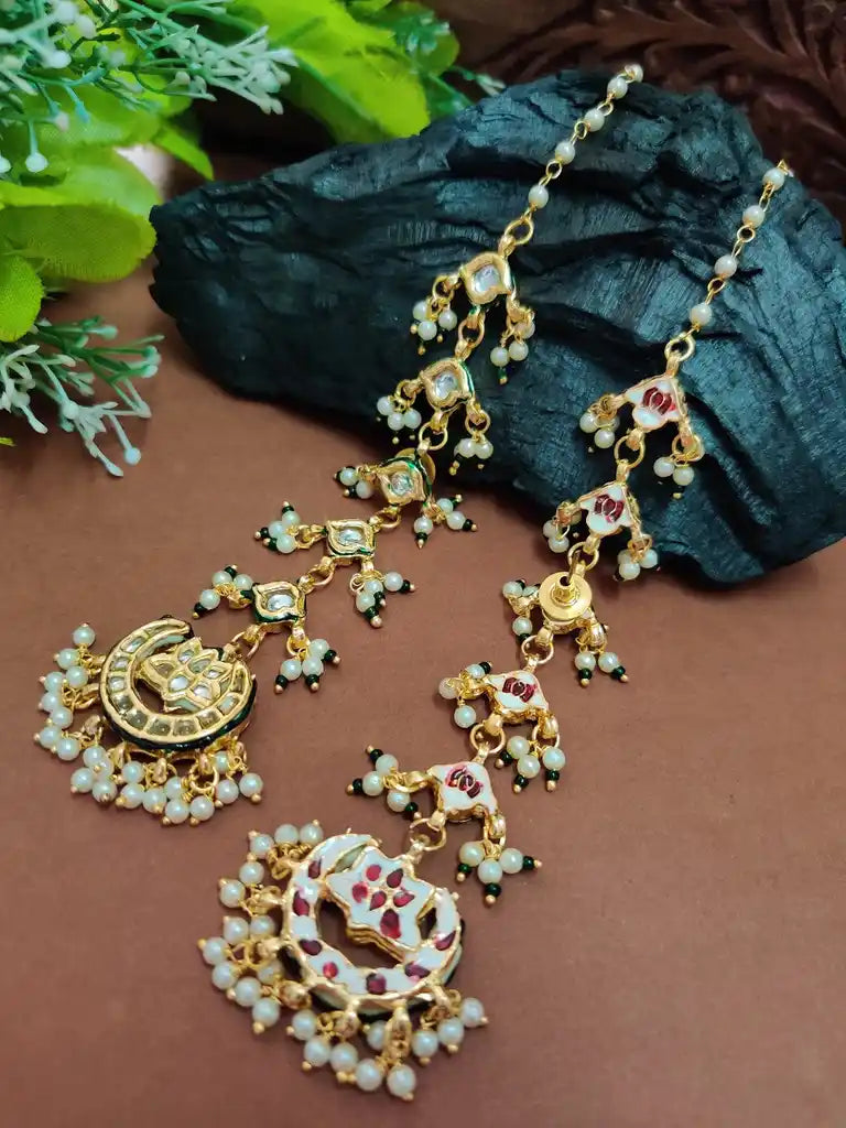 Gold Plated Kundan Studded Chandbali Earrings with Sahara Earchains
