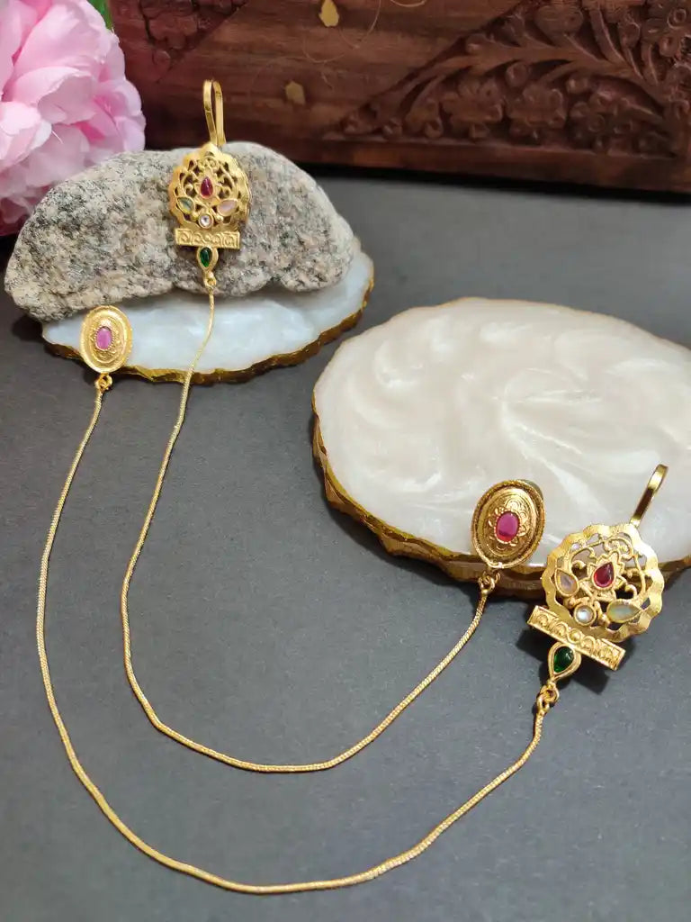 Gold -Plated Earcuff Stud Kundan Earrings with Back Hair Chain Accessorry Earchains