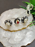 Silver-Plated Oxidised Pearl & Kundan Studded Adjustable Multi Finger Ring