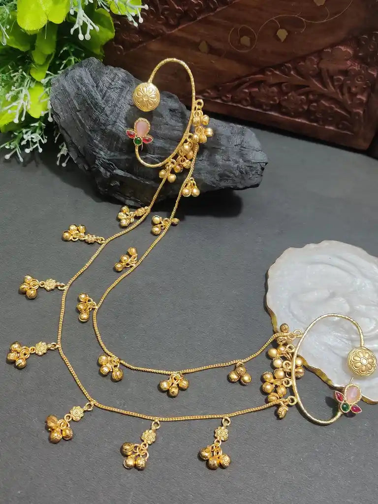 Gold -Plated Earcuff Stud Kundan Earrings with Back Hair Chain Accessorry Earchains