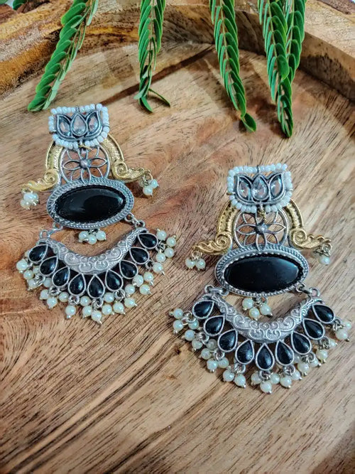 Dual Toned Oxidised Silver Plated Chanbali Lotus Earrings
