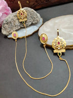 Gold -Plated Earcuff Stud Kundan Earrings with Back Hair Chain Accessorry Earchains