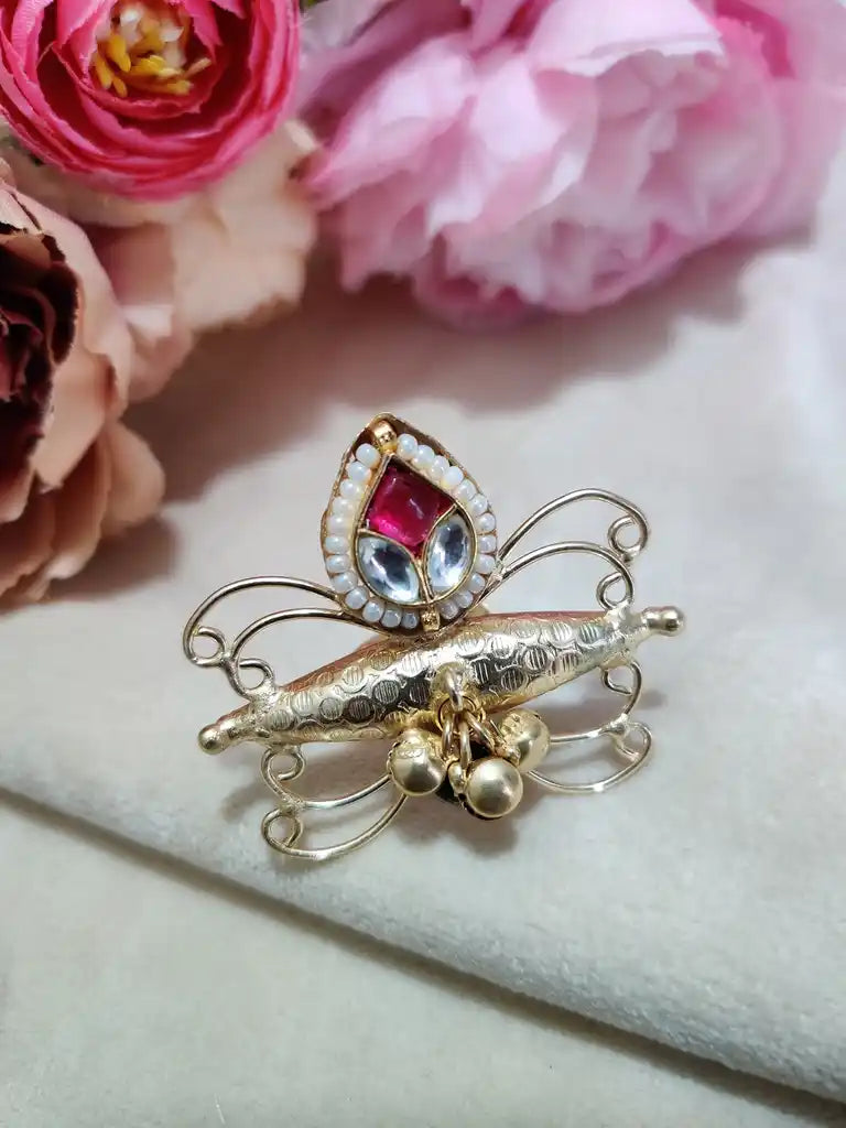Brass-Plated Pachi Kundan Butterfly Design Adjustable Finger Ring