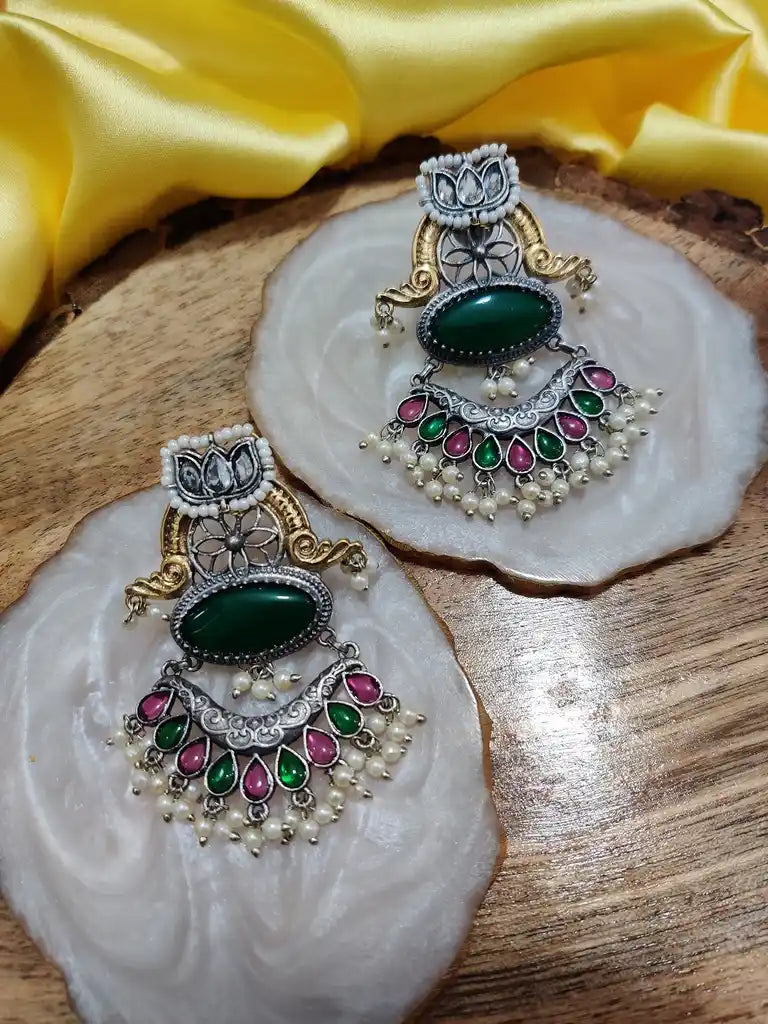 Dual Toned Oxidised Silver Plated Chanbali Lotus Earrings
