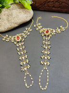 Set Of 2 Gold-Plated Kundan Studded Meenakari Ring Hathphool Pearl Bracelets