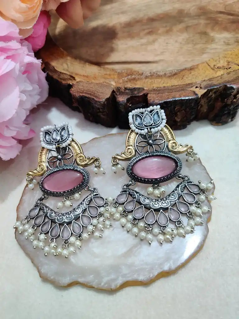 Dual Toned Oxidised Silver Plated Chanbali Lotus Earrings