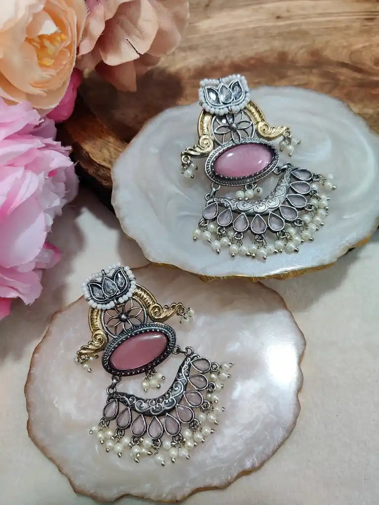 Dual Toned Oxidised Silver Plated Chanbali Lotus Earrings