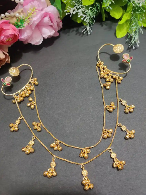 Gold -Plated Earcuff Stud Kundan Earrings with Back Hair Chain Accessorry Earchains