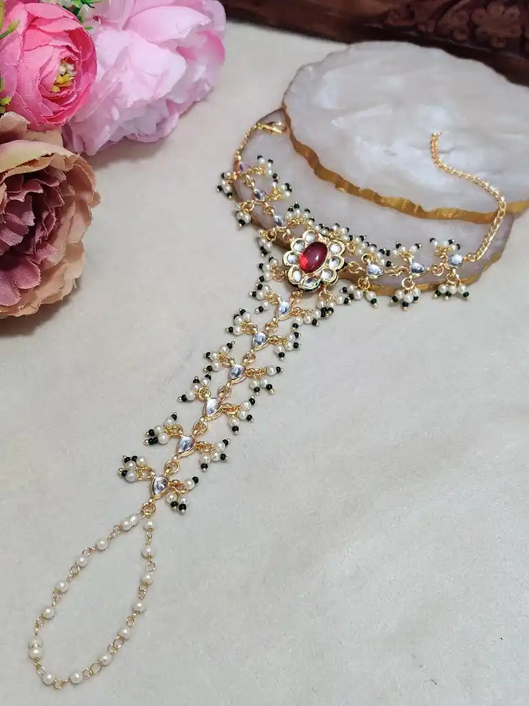 Gold-Plated Kundan Studded Meenakari Ring Hathphool Pearl Bracelets