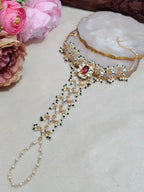Gold-Plated Kundan Studded Meenakari Ring Hathphool Pearl Bracelets