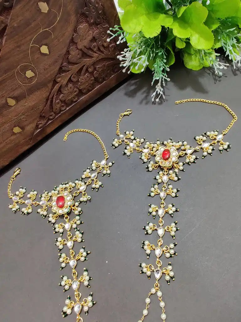Set Of 2 Gold-Plated Kundan Studded Meenakari Ring Hathphool Pearl Bracelets
