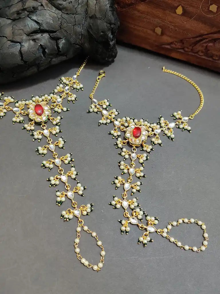 Set Of 2 Gold-Plated Kundan Studded Meenakari Ring Hathphool Pearl Bracelets