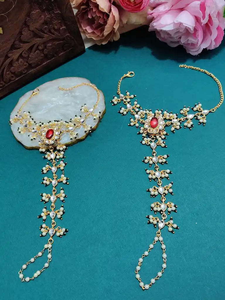 Set Of 2 Gold-Plated Kundan Studded Meenakari Ring Hathphool Pearl Bracelets
