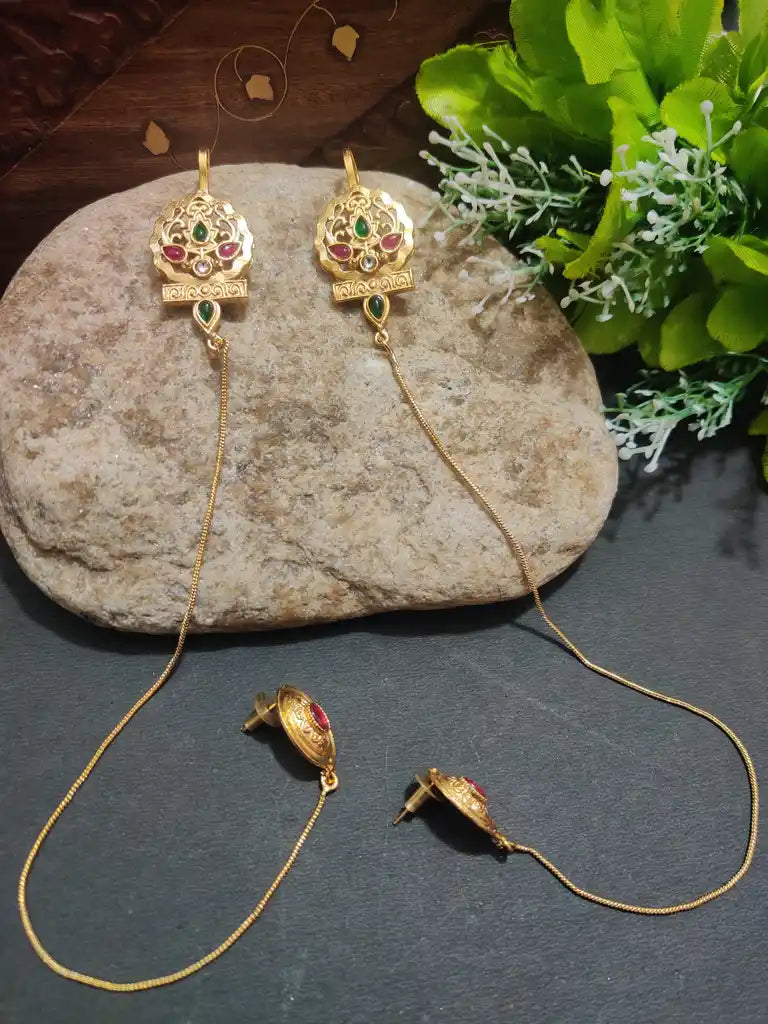 Gold -Plated Earcuff Stud Kundan Earrings with Back Hair Chain Accessorry Earchains