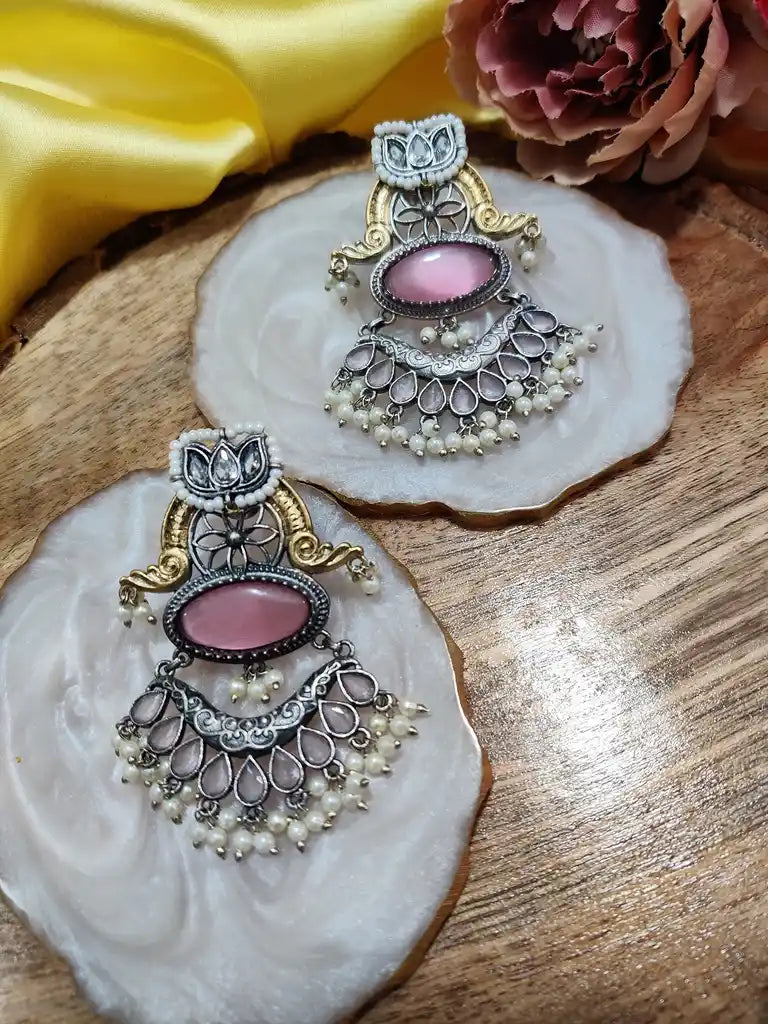 Dual Toned Oxidised Silver Plated Chanbali Lotus Earrings