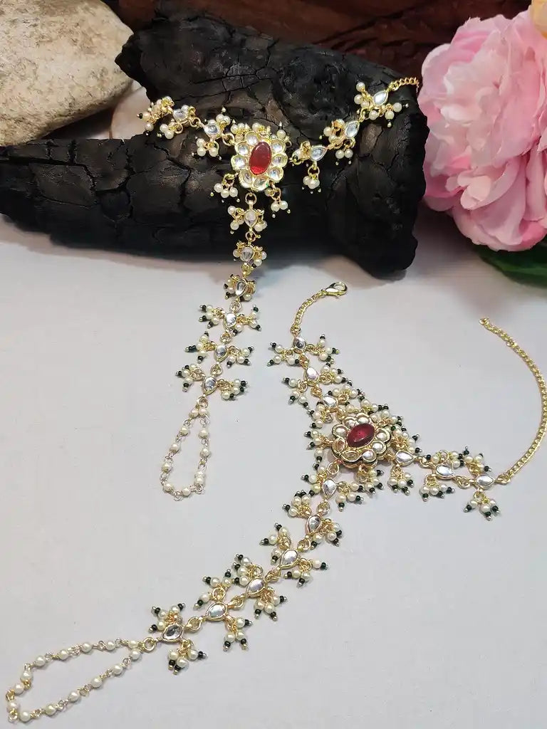 Set Of 2 Gold-Plated Kundan Studded Meenakari Ring Hathphool Pearl Bracelets
