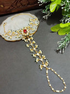 Gold-Plated Kundan Studded Meenakari Ring Hathphool Pearl Bracelets