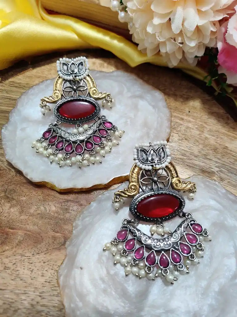 Dual Toned Oxidised Silver Plated Chanbali Lotus Earrings