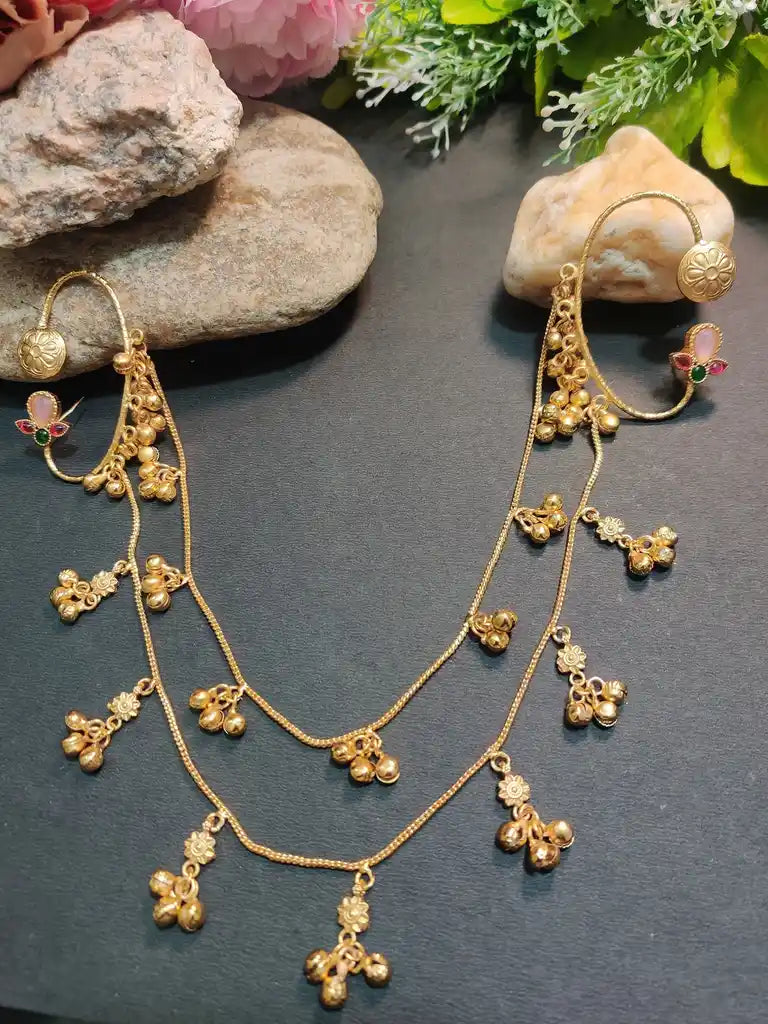 Gold -Plated Earcuff Stud Kundan Earrings with Back Hair Chain Accessorry Earchains