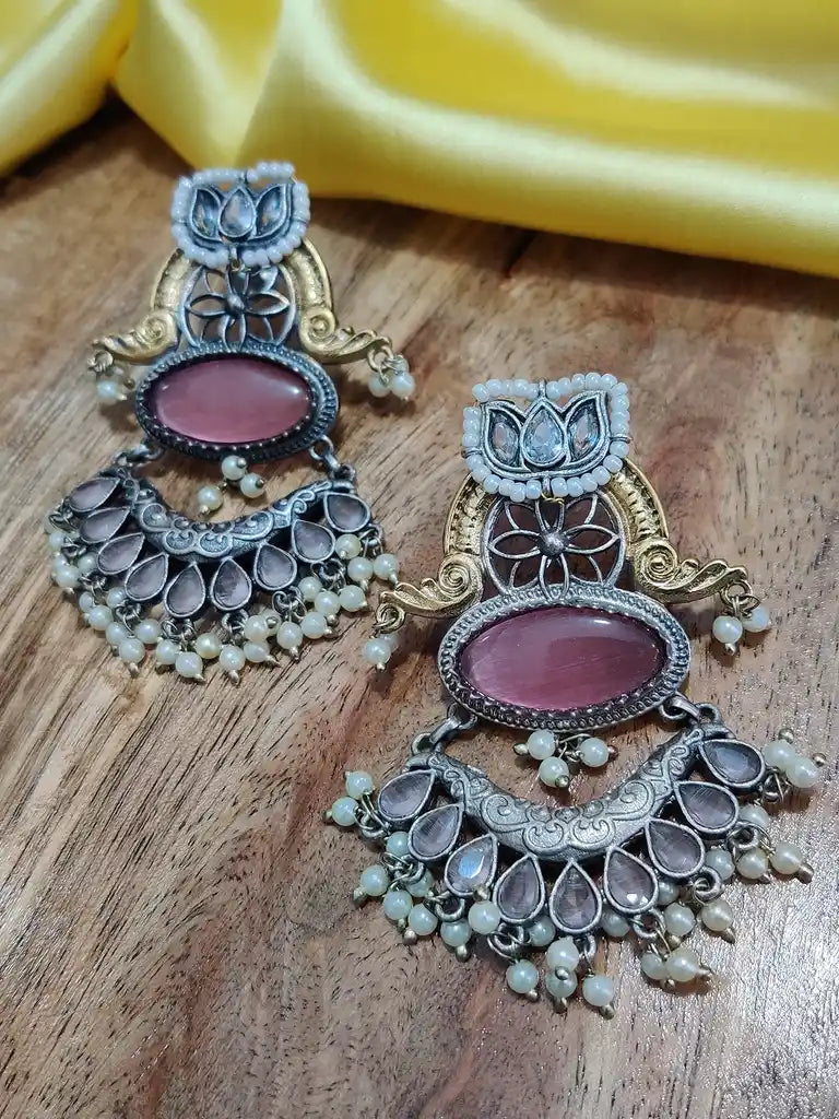 Dual Toned Oxidised Silver Plated Chanbali Lotus Earrings
