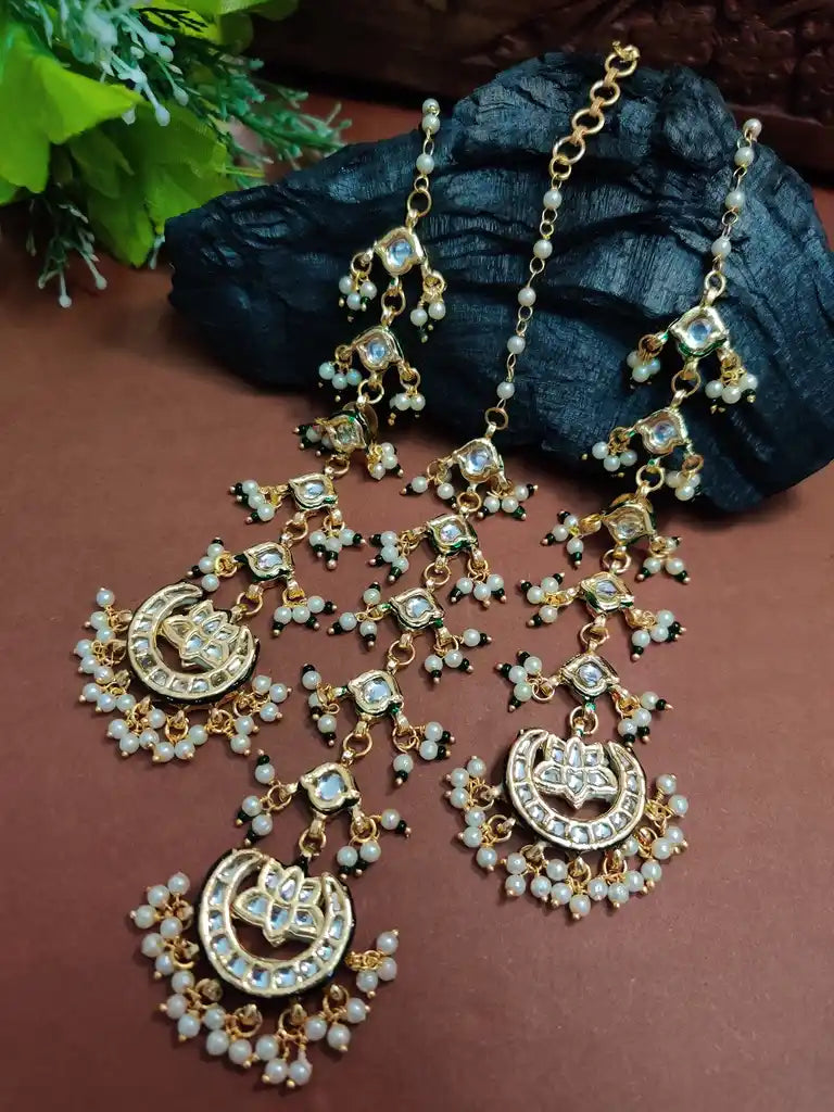 Gold Plated Kundan Studded Chandbali Earrings and Maang Tiika Jewellery Set