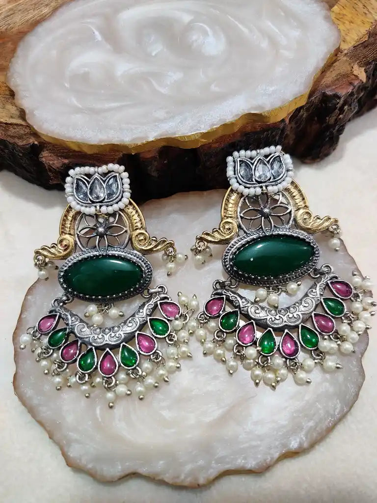 Dual Toned Oxidised Silver Plated Chanbali Lotus Earrings
