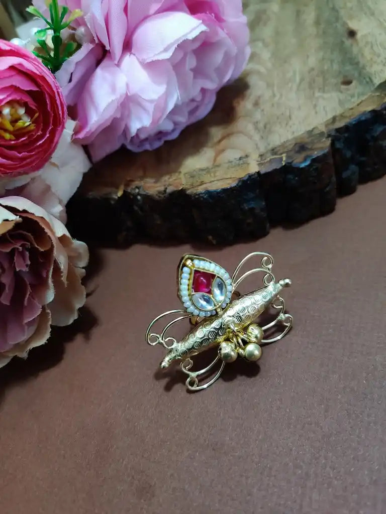 Brass-Plated Pachi Kundan Butterfly Design Adjustable Finger Ring