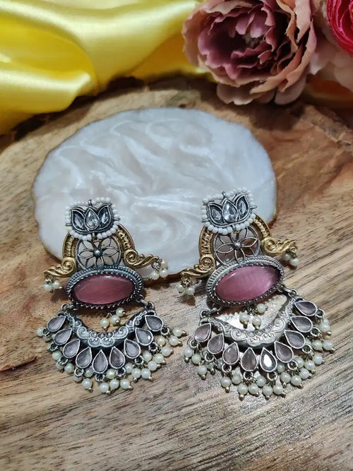Dual Toned Oxidised Silver Plated Chanbali Lotus Earrings