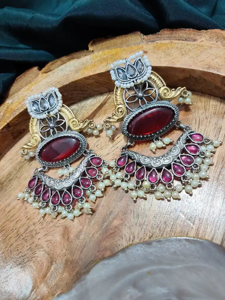 Dual Toned Oxidised Silver Plated Chanbali Lotus Earrings