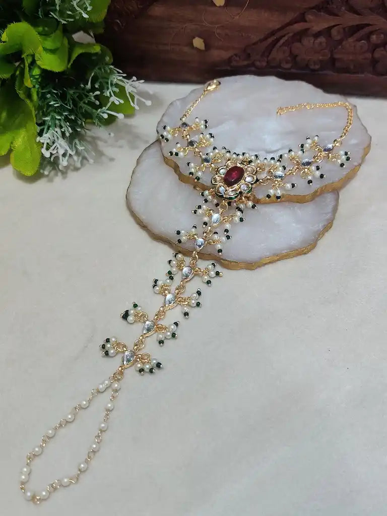 Gold-Plated Kundan Studded Meenakari Ring Hathphool Pearl Bracelets